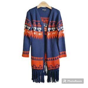 Papillon Boho Aztec Orange and Blue Open Front Collegiate Auburn Cardigan Sz M